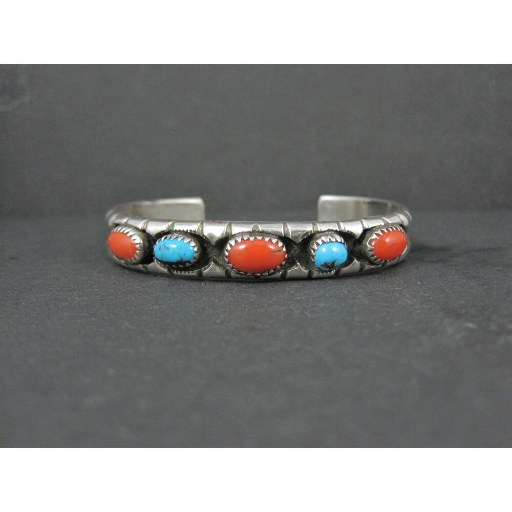 Vintage Navajo Turquoise Coral Cuff Bracelet Sterling Silver 6.25" Eunice Claw